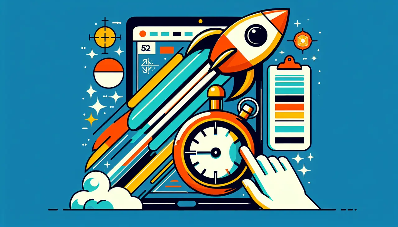 Draw a graphic in flat design style. A flat design illustration of a stopwatch and a rocket, symbolizing speed and acceleration, with a mobile app interface in the background, representing app development.