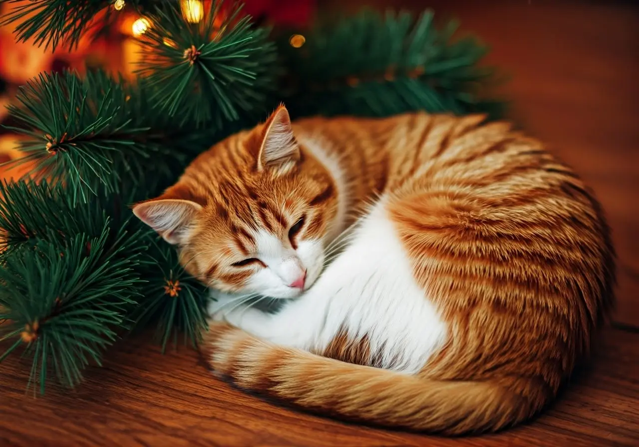 A cozy cat curled up next to holiday decorations. 35mm stock photo