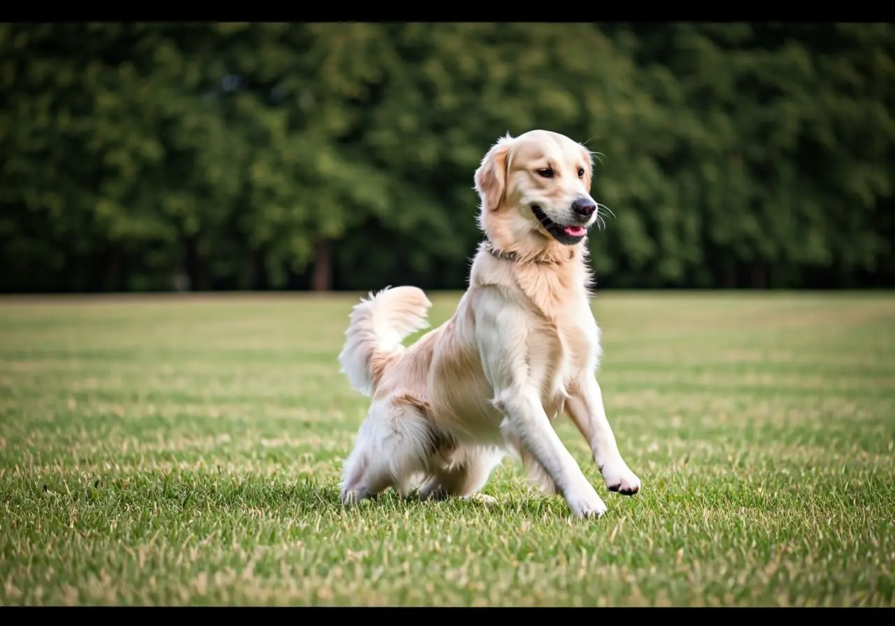 Golden retriever performing a trick in a grassy park. 35mm stock photo