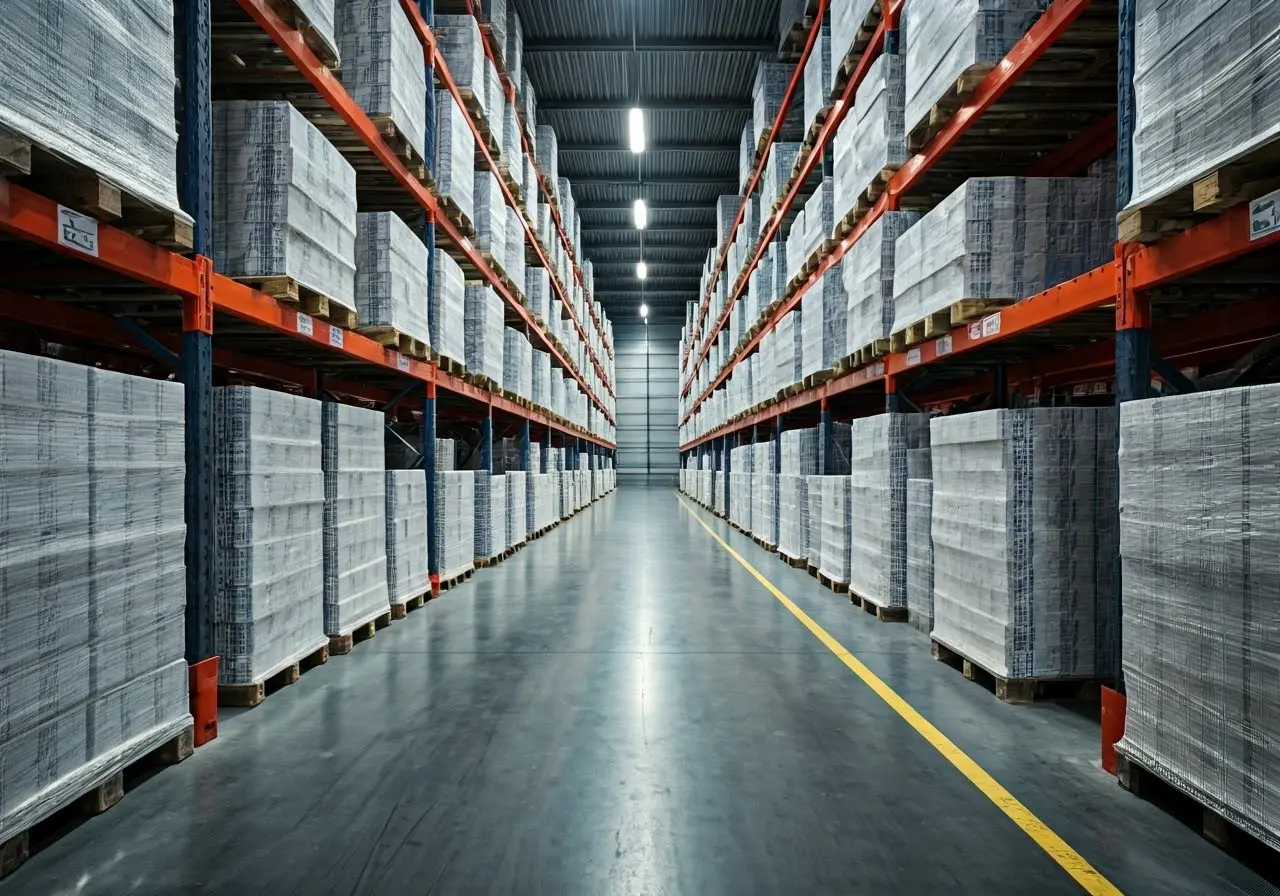 A shipping warehouse filled with neatly stacked product boxes. 35mm stock photo