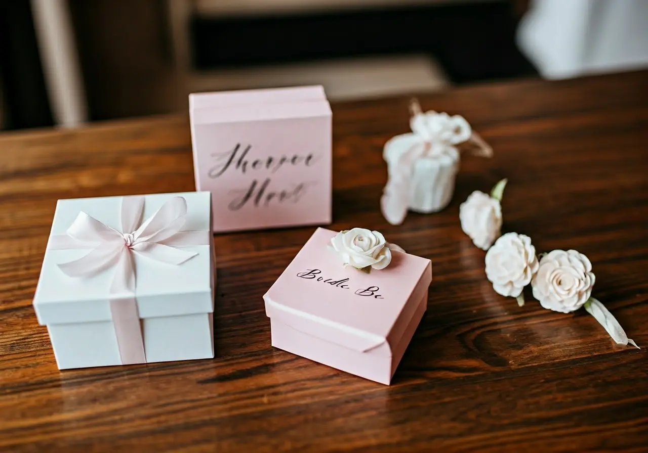 A collection of elegant, personalized bride-to-be gifts neatly arranged. 35mm stock photo