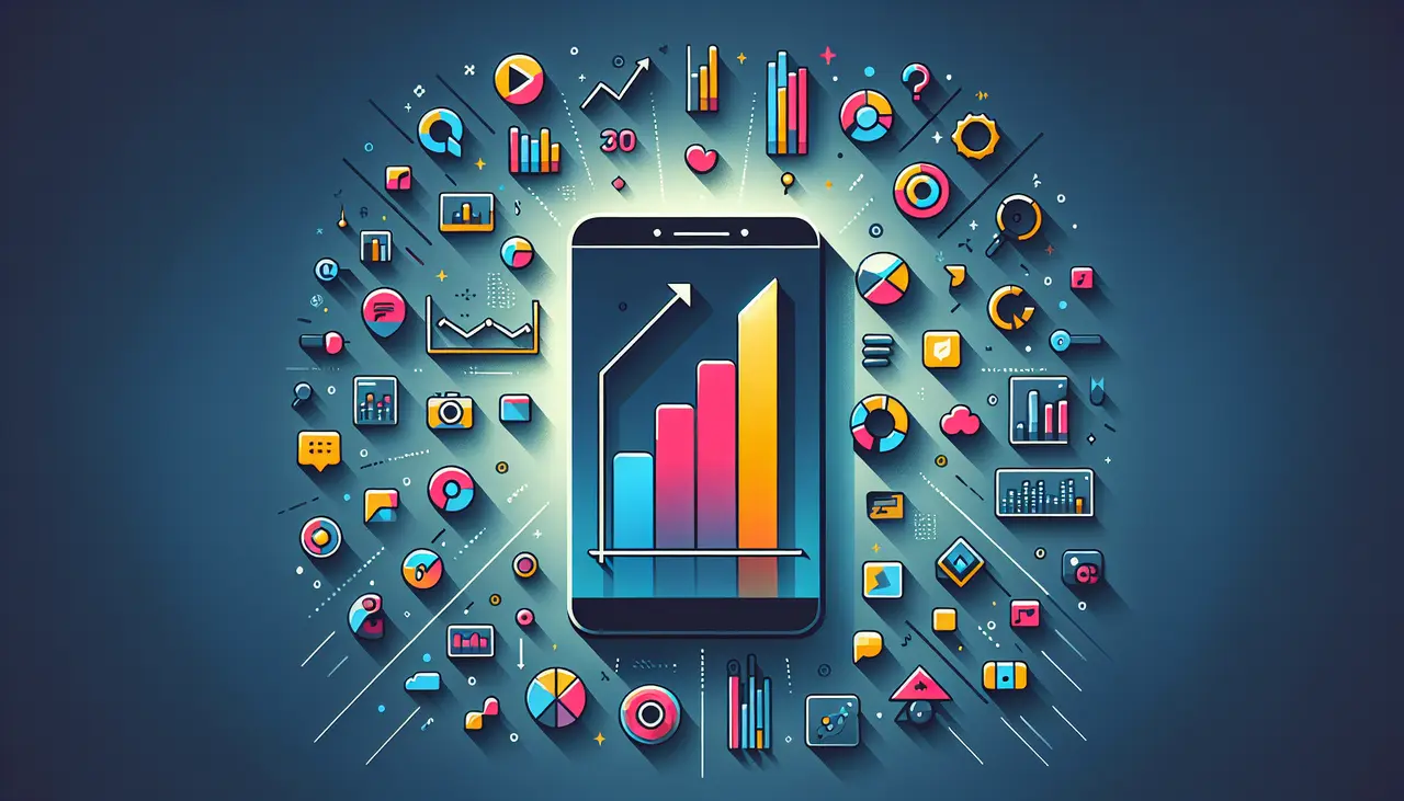 Draw a graphic in flat design style. An illustration of a smartphone with a spotlight highlighting an upward graph, surrounded by minimal icons of users and app symbols.