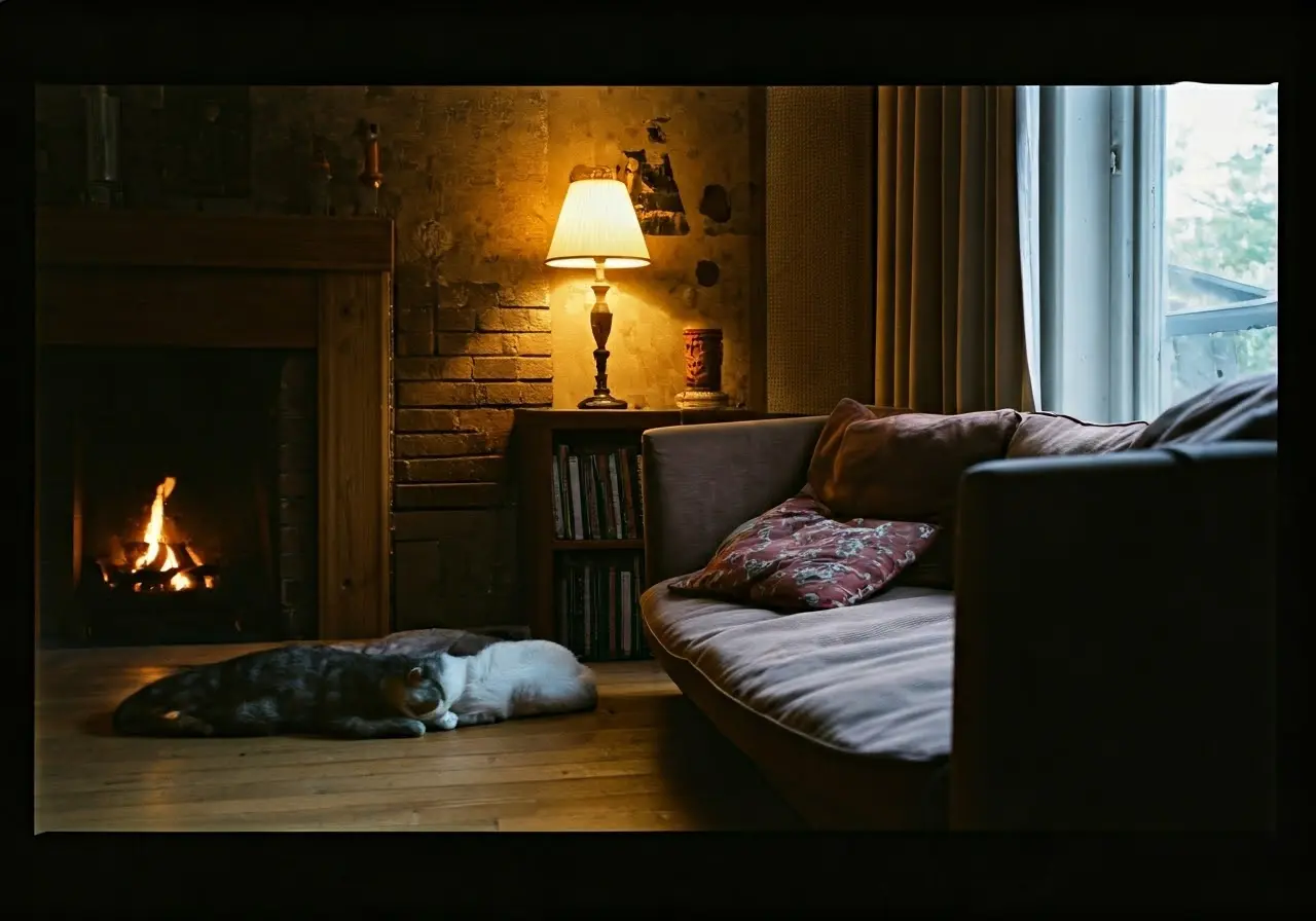 A cozy living room with a content cat napping. 35mm stock photo