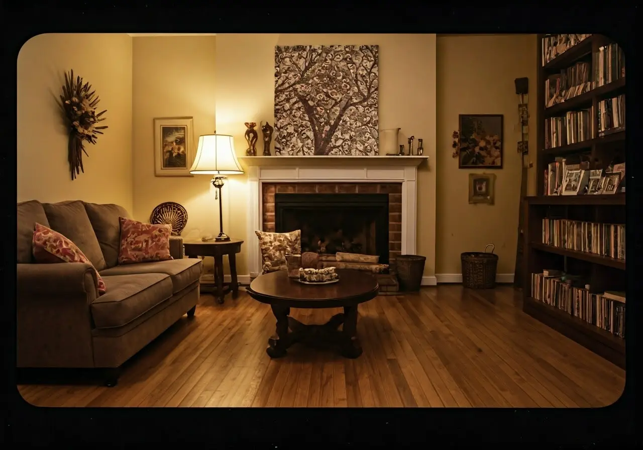 A cozy living room with soft lighting and warm colors. 35mm stock photo