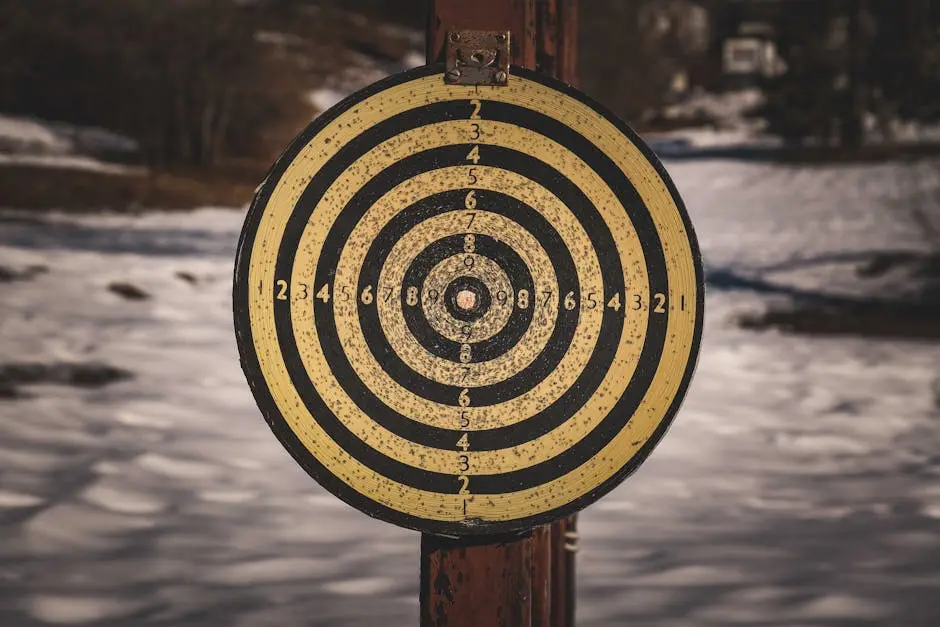 Yellow target for shooting with black circles and numbers on wooden post in countryside with snowy ground on winter day