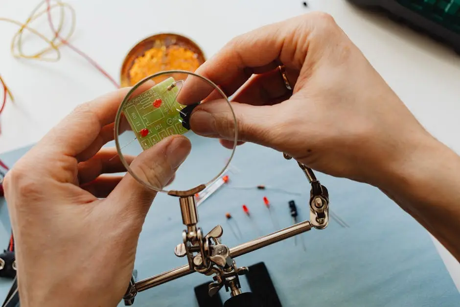 Man Constructing an Electric Plate Under a Magnifier