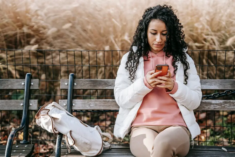 Young Latin American female in stylish outfit sitting on bench in fall park while browsing mobile phone and looking at screen