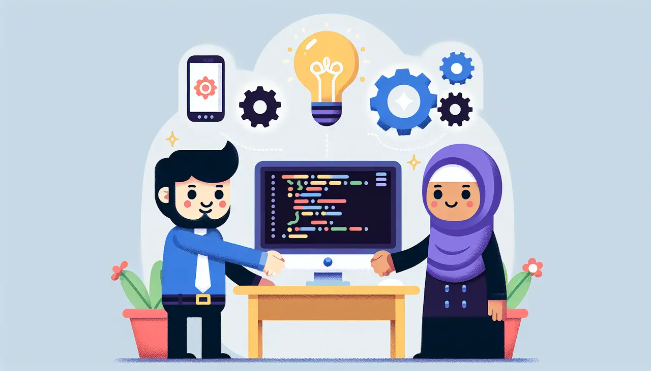 Draw a graphic in flat design style. A flat design illustration of two characters shaking hands in front of a computer screen displaying a code editor, with simple icons of a lightbulb and gears above.