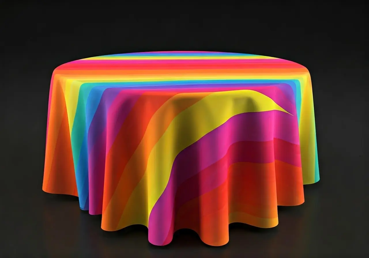 A vibrant, branded table cloth draped over an exhibition table. 35mm stock photo