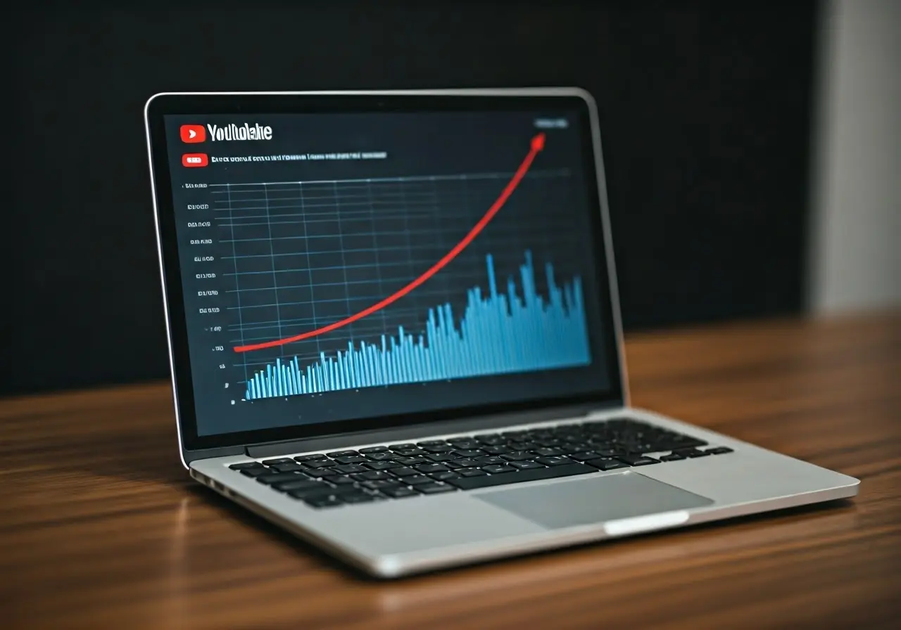 A laptop displaying YouTube analytics with rising graph. 35mm stock photo