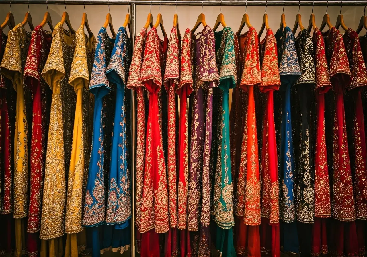 A rack of colorful embroidered dresses in a boutique. 35mm stock photo