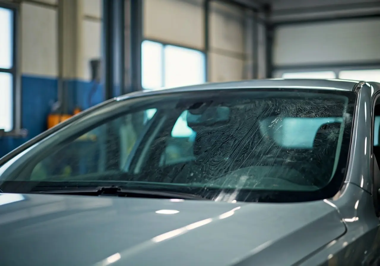 A car windshield being replaced in a repair shop. 35mm stock photo