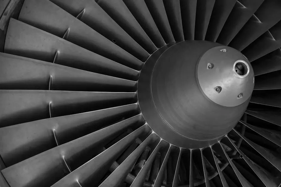 Detailed black and white image of an airplane turbine engine showcasing blades and craftsmanship.