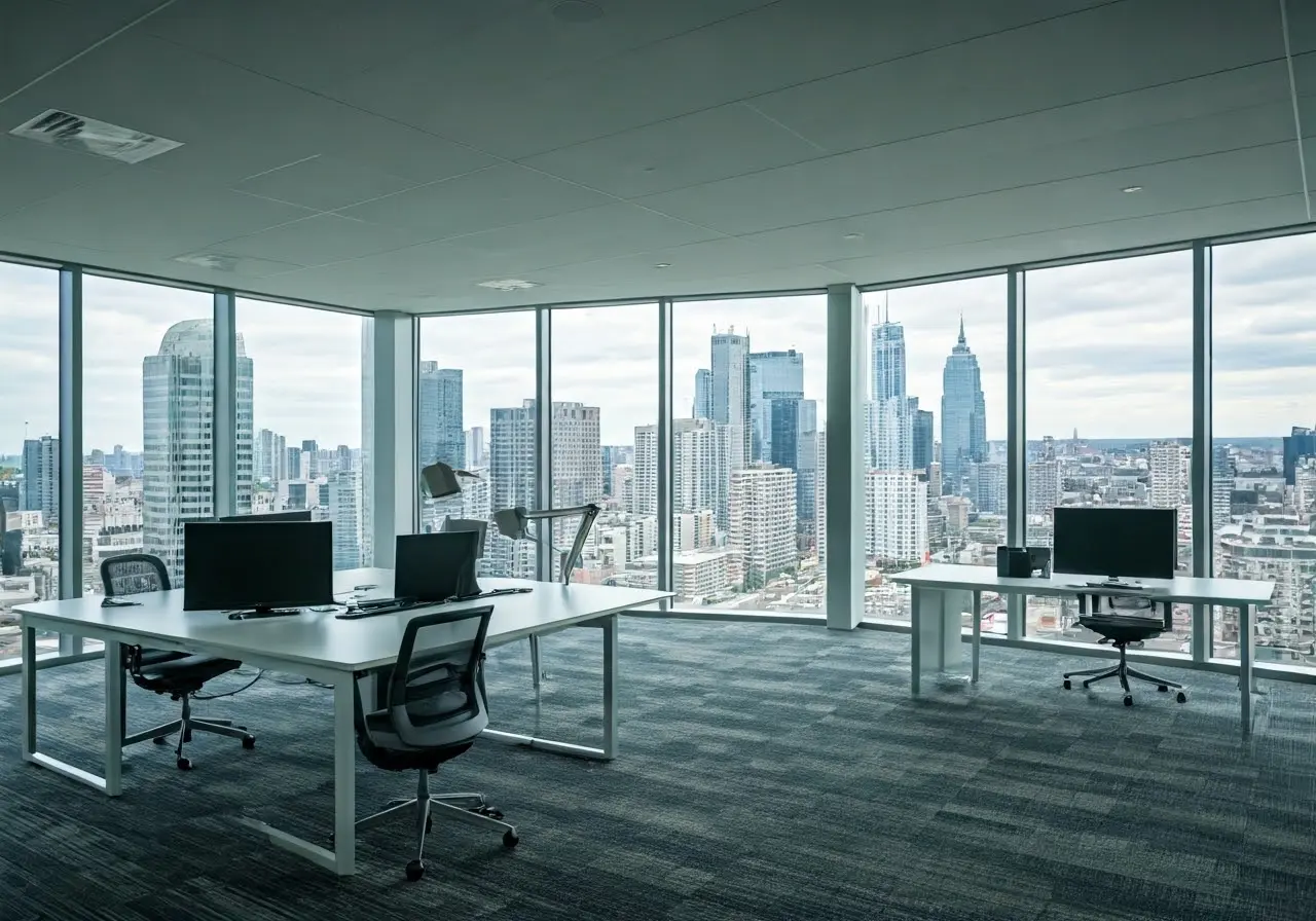 Modern office space with cutting-edge technology and cityscape view. 35mm stock photo