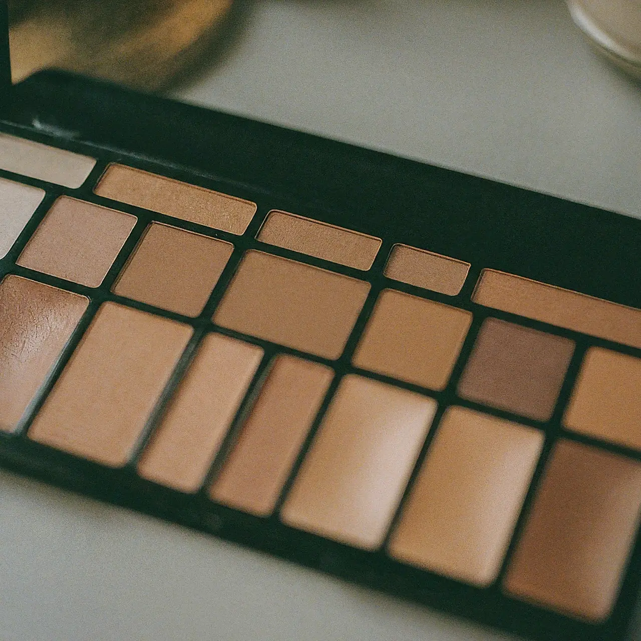 Close-up of a natural makeup selection on a dresser. 35mm stock photo