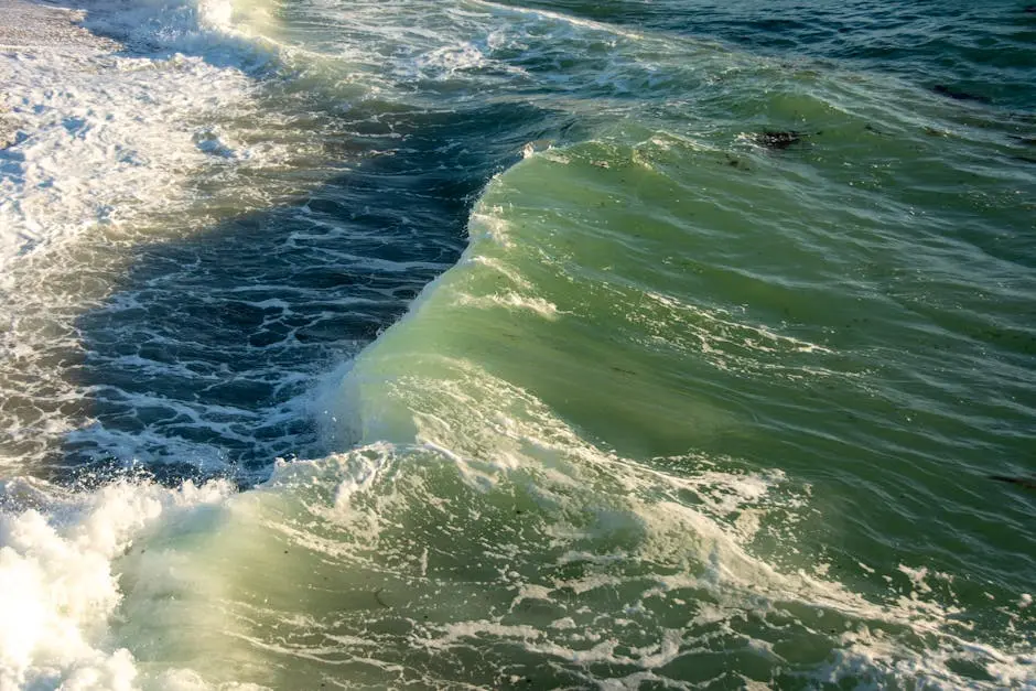 Dynamic shot of ocean waves breaking with white foam under daylight, showcasing the sea’s natural power.