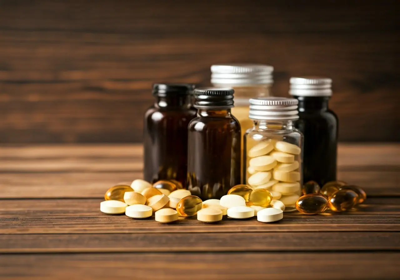 A selection of vitamins and supplements on a wooden table. 35mm stock photo