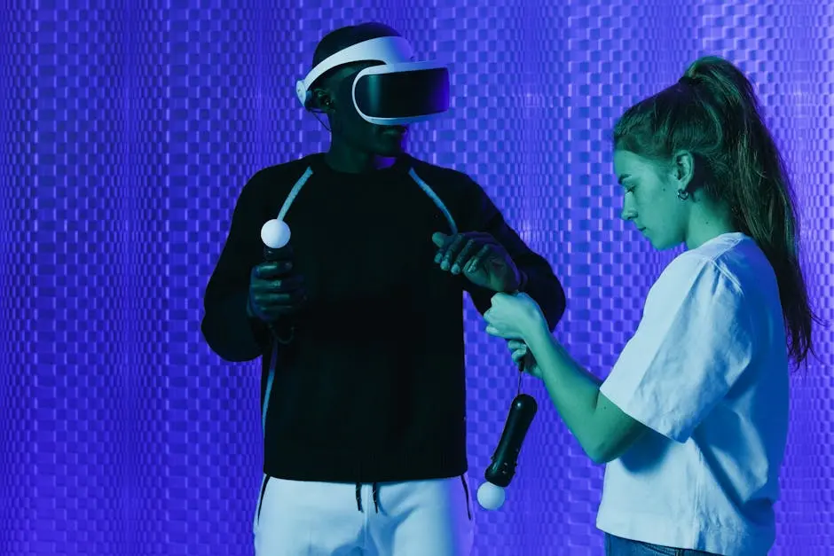 Two people engaging with a virtual reality setup in a vibrant, tech-inspired setting.