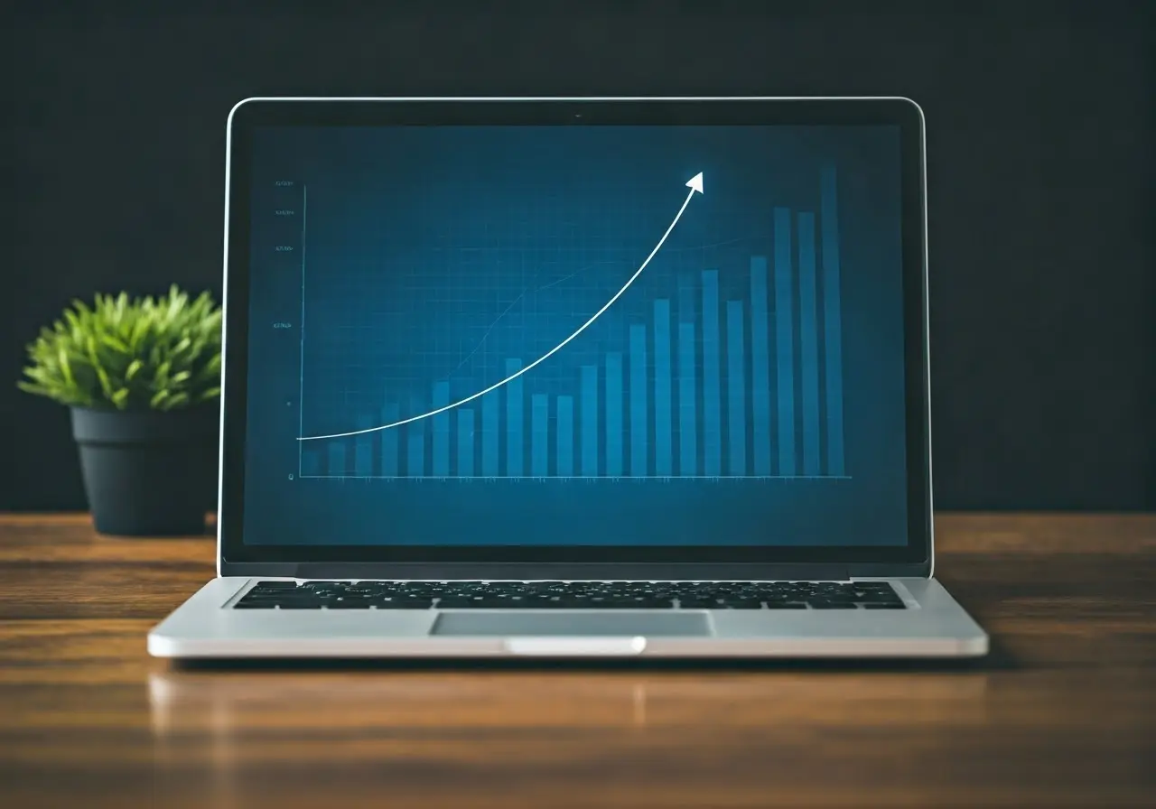 A laptop displaying a graph with upward trending lines. 35mm stock photo