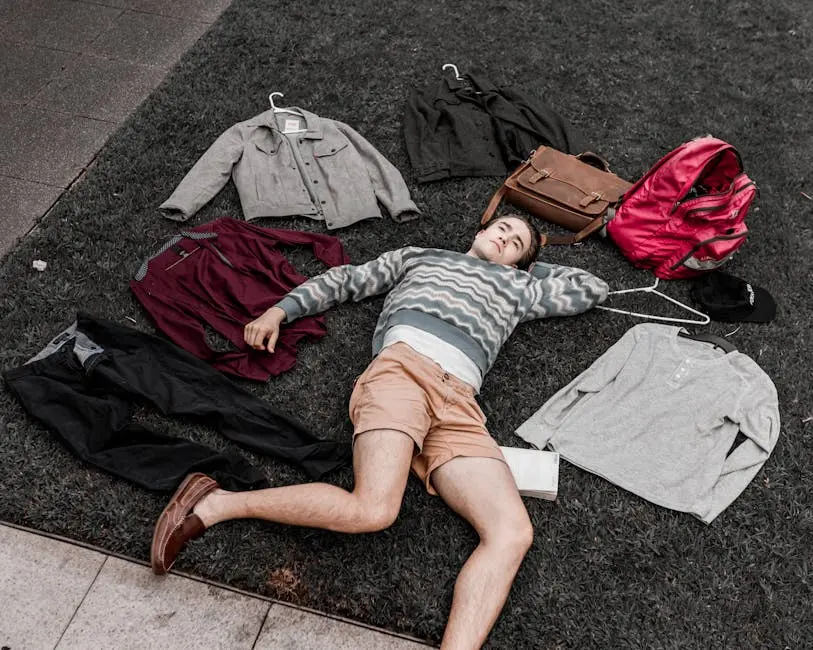 Young Man Lying Among Clothes with Hangers Spread Out on the Lawn