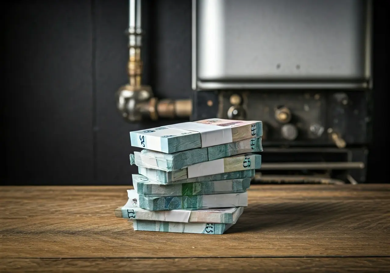 A stack of Scottish pounds next to a broken boiler. 35mm stock photo