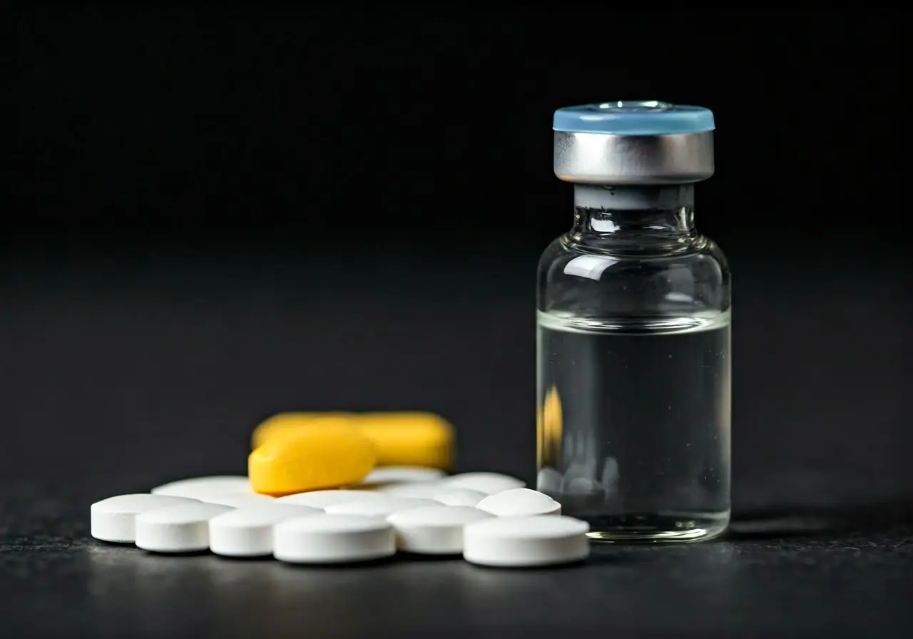 A medical injection vial beside dissolving tablets. 35mm stock photo