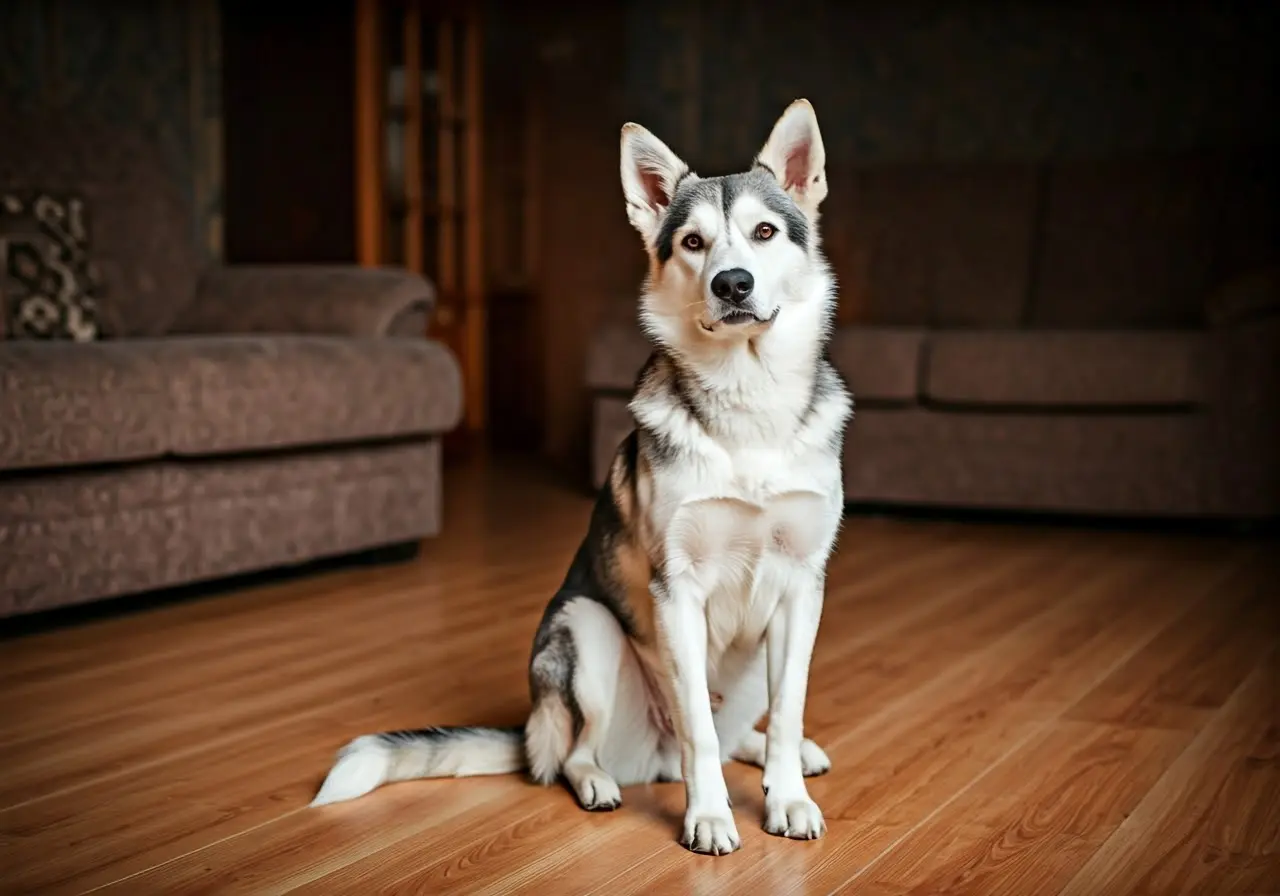 A well-behaved dog sitting calmly in an orderly living room. 35mm stock photo