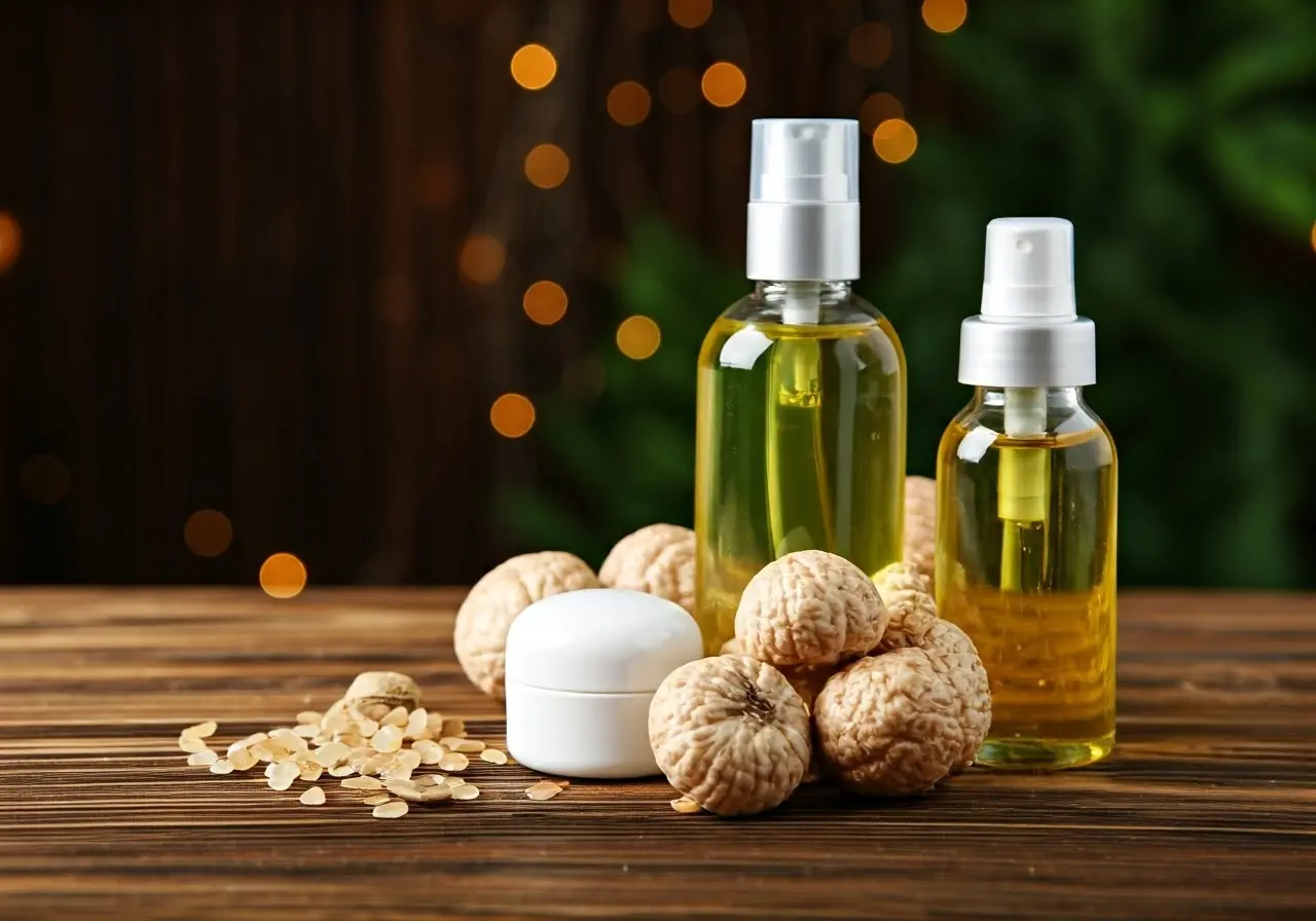 Natural skincare products on a wooden table in a spa. 35mm stock photo