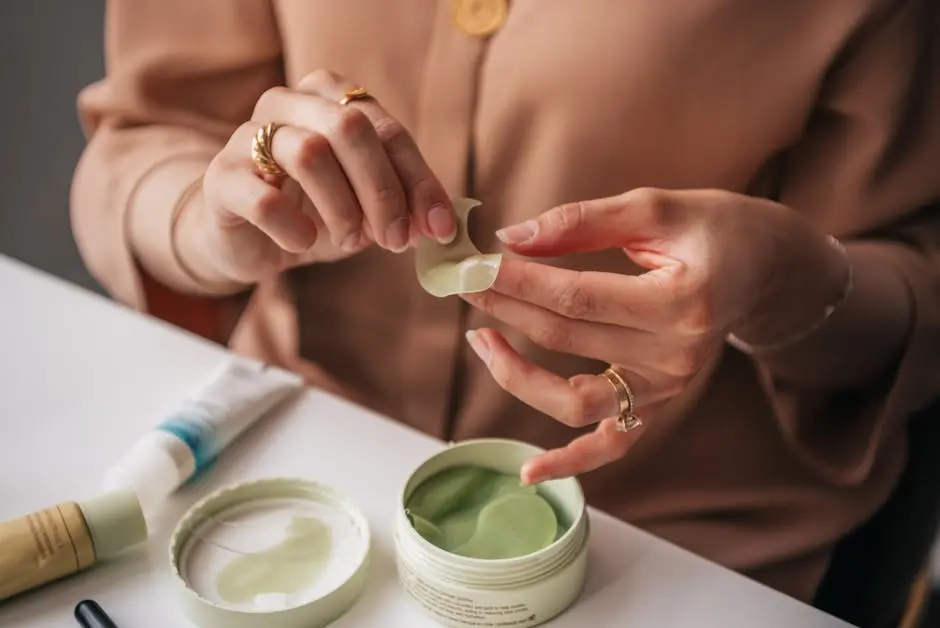 A woman applying green under eye patches for skincare routine.