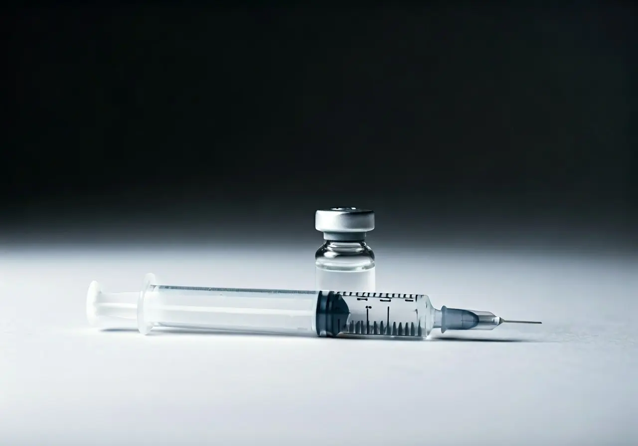 Syringe with medicine bottle on a plain white background. 35mm stock photo