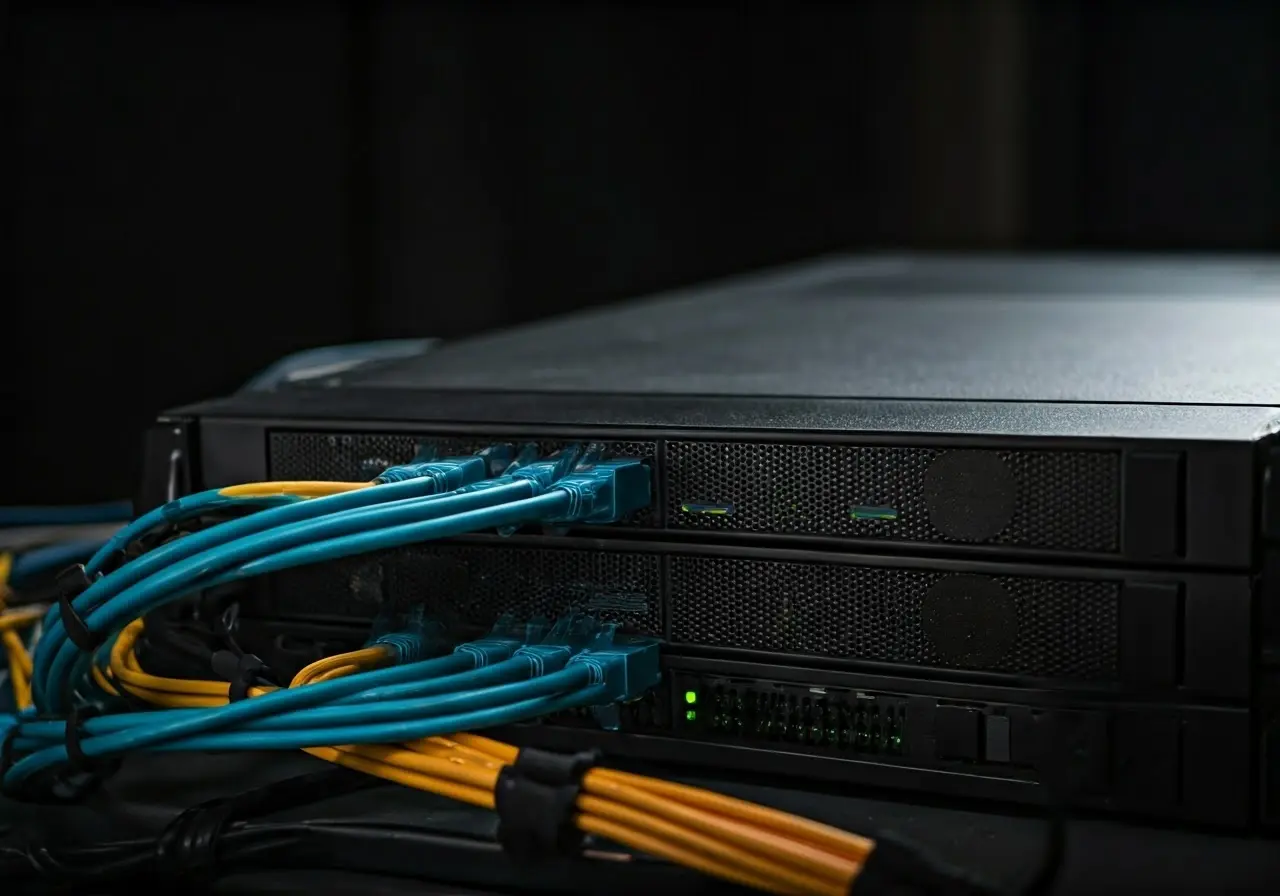 A sleek computer server with glowing network cables. 35mm stock photo