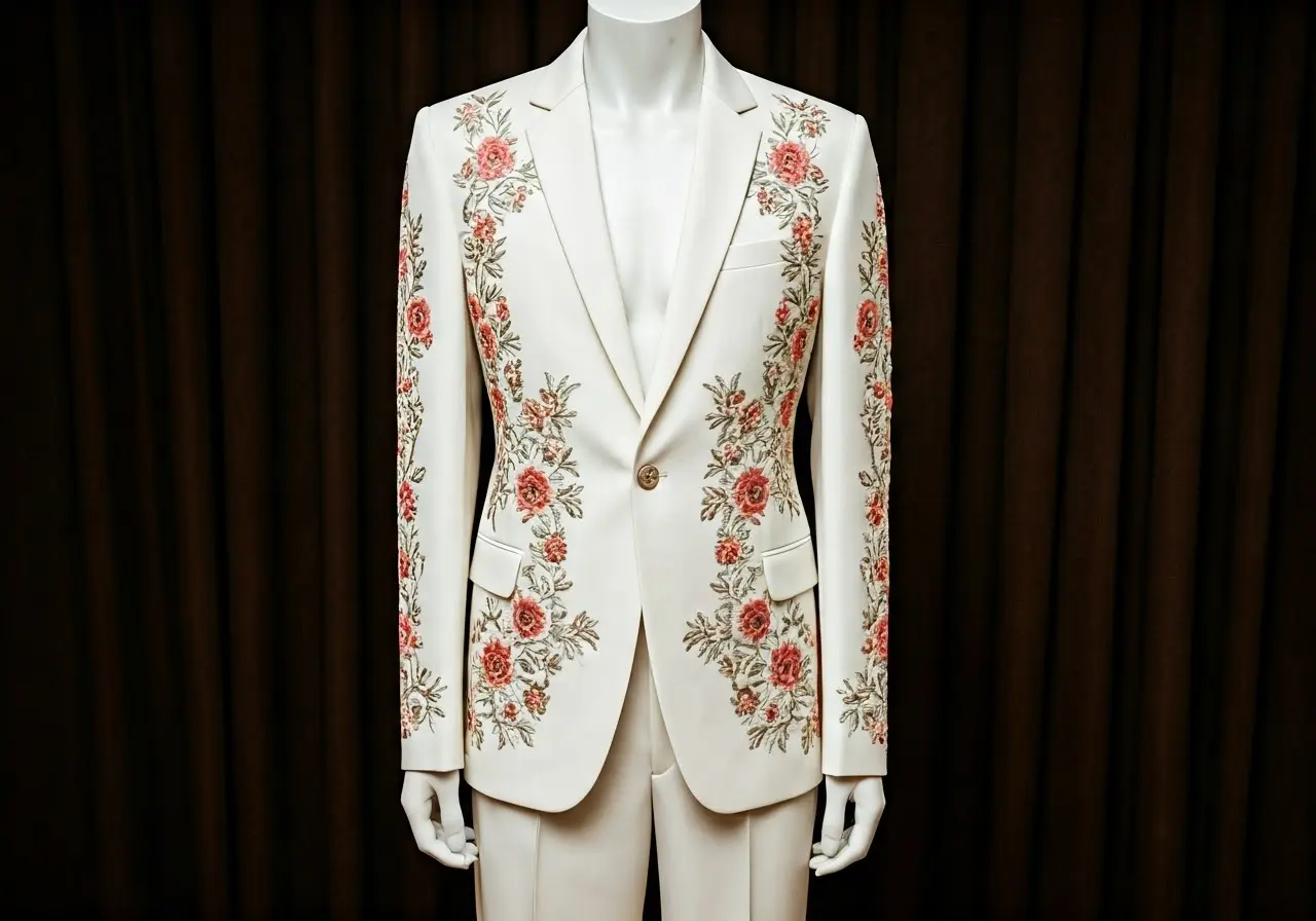 A tailored white pant suit with intricate floral embroidery. 35mm stock photo