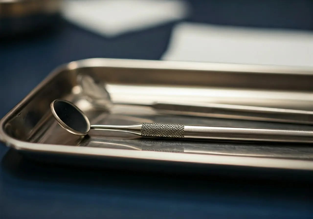 A close-up of dental tools on a metallic tray. 35mm stock photo