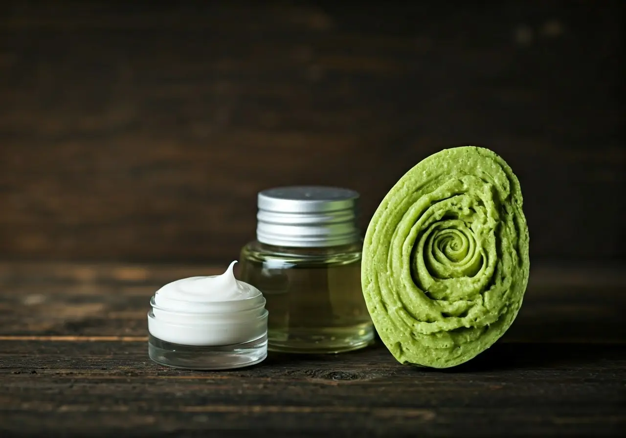 Close-up of natural skin care products with textured surfaces. 35mm stock photo