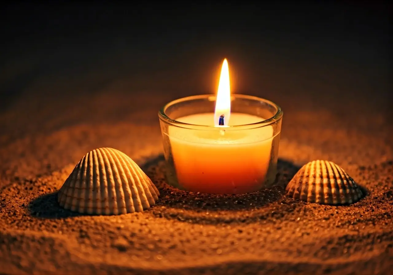 A lit candle beside seashells on a sandy beach. 35mm stock photo