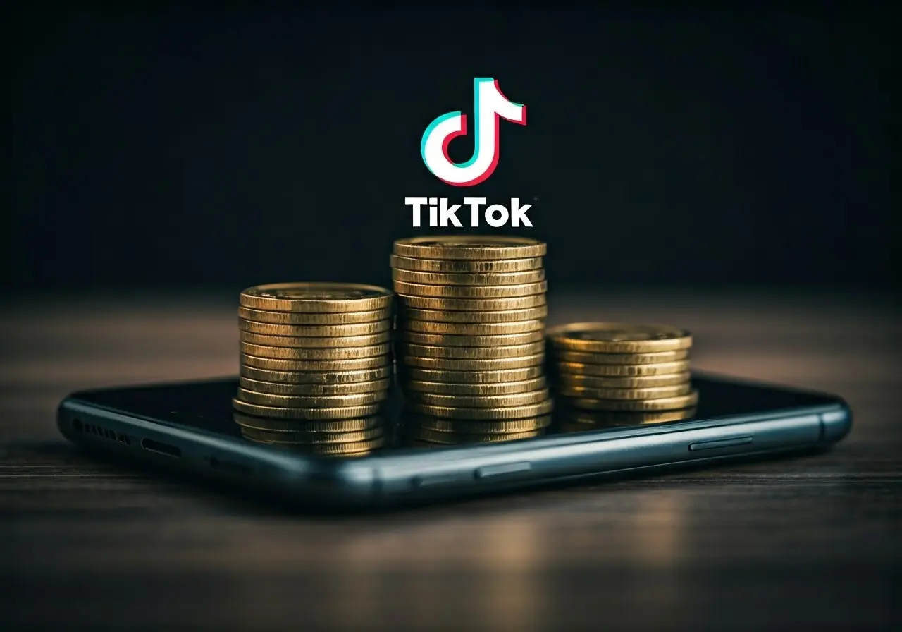 Stack of gold coins with a smartphone and TikTok logo. 35mm stock photo