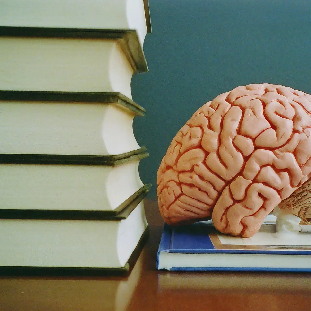 A stack of psychology textbooks beside a model brain. 35mm stock photo