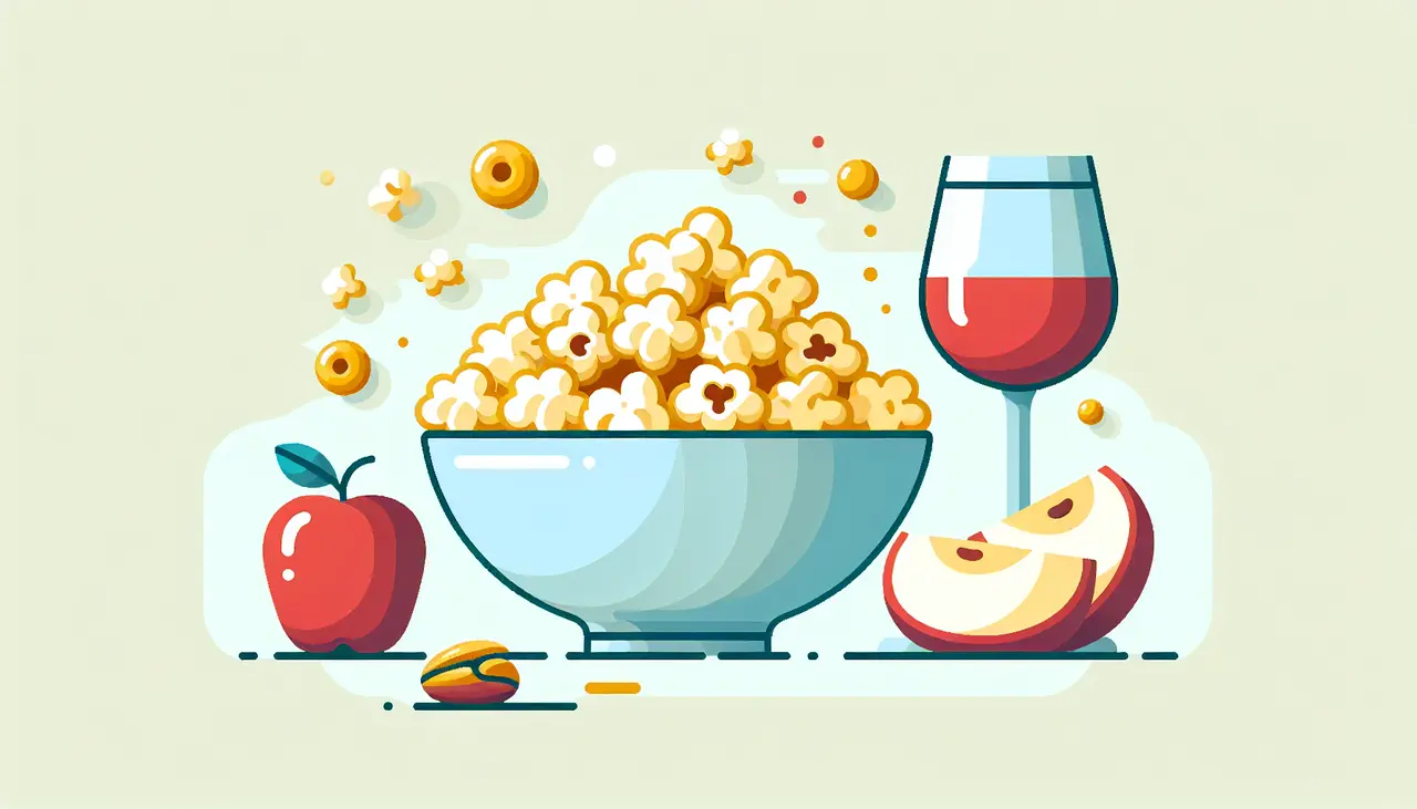 Draw a graphic in flat design style. A bowl of cheese popcorn with a few small, simple icons of a wine glass, apple slices, and nuts nearby.