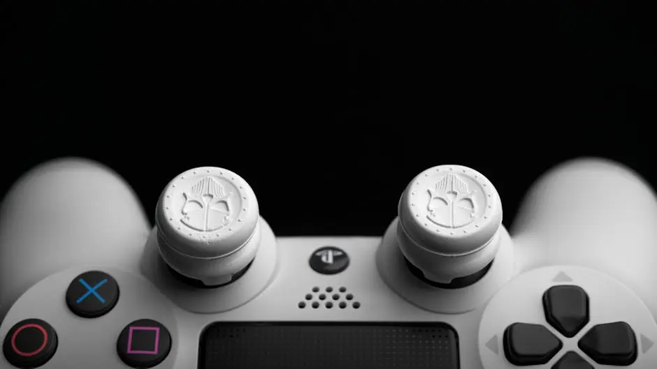 Detailed view of a white gaming controller with custom design grips.