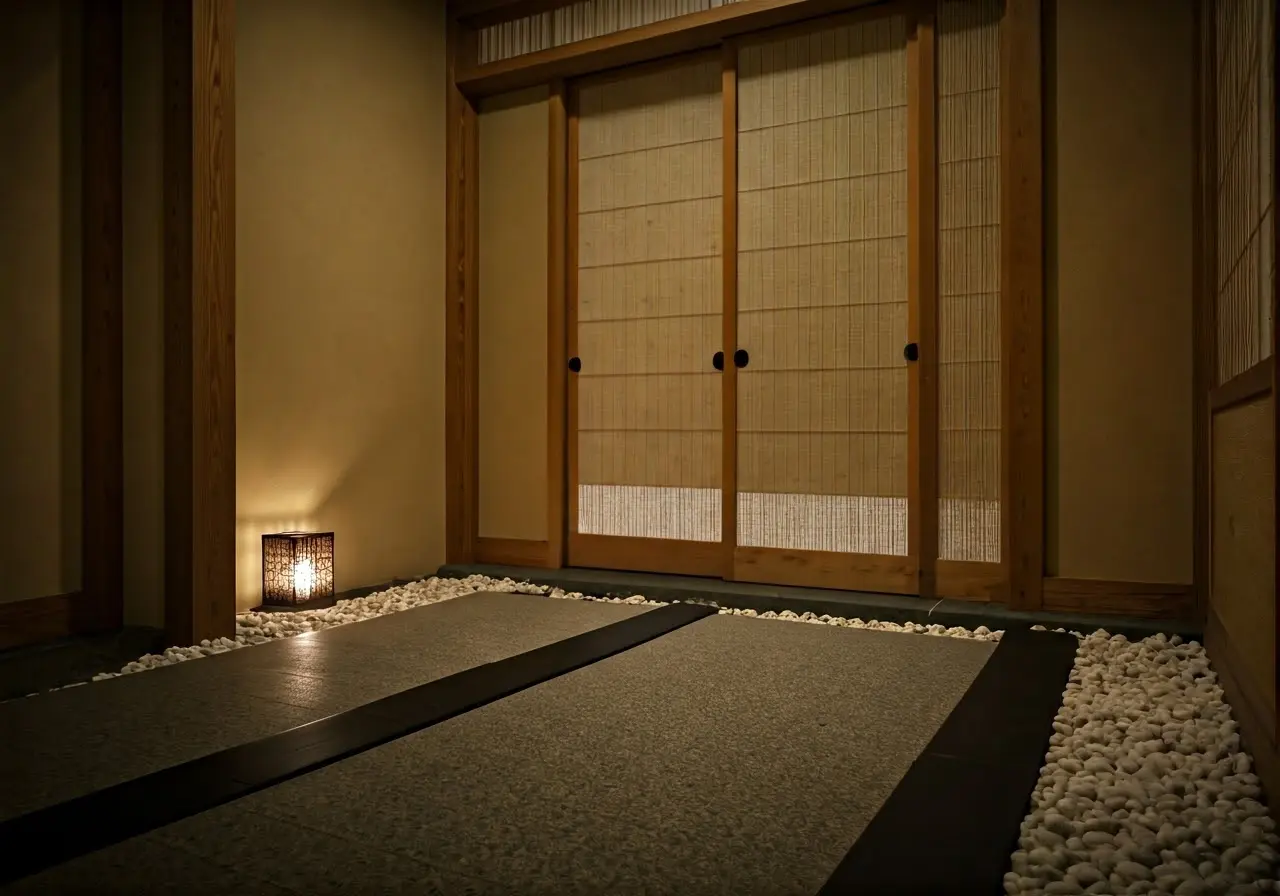 A serene spa setting with traditional Japanese decor. 35mm stock photo