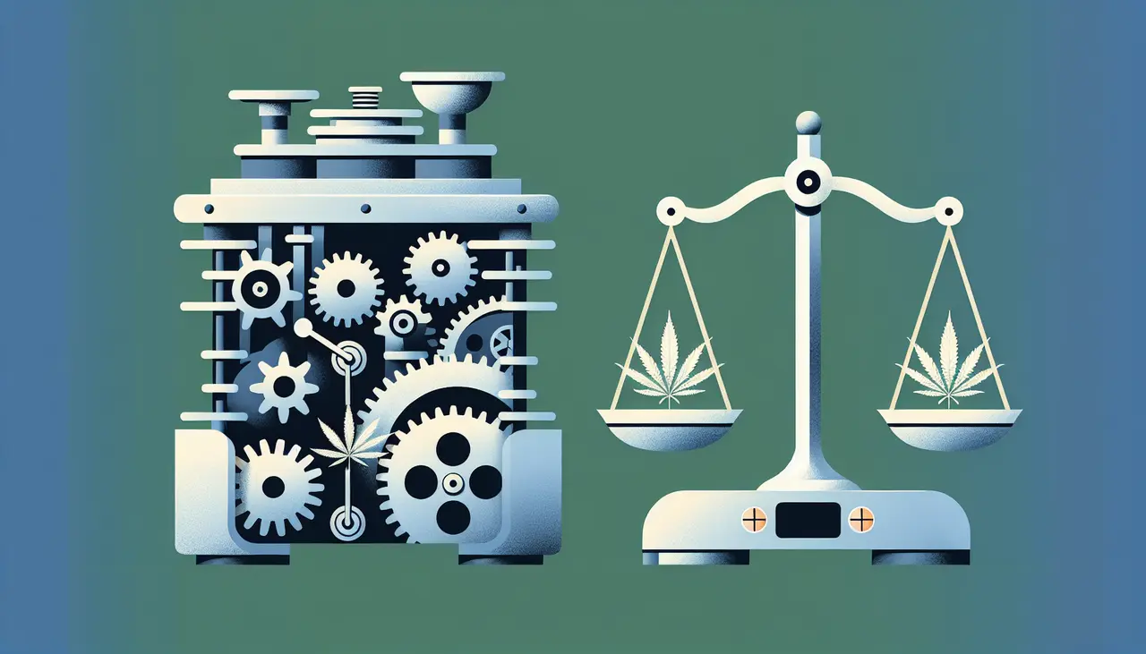 Draw a graphic in flat design style. Design an image of a modern, sleek cannabis cultivation machine with gears and legal scales balanced beside it.