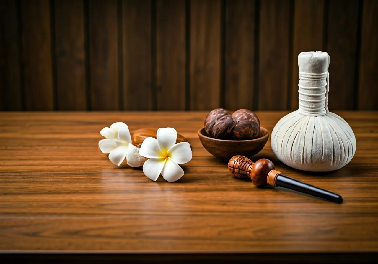 Traditional Japanese massage tools on a wooden spa table. 35mm stock photo