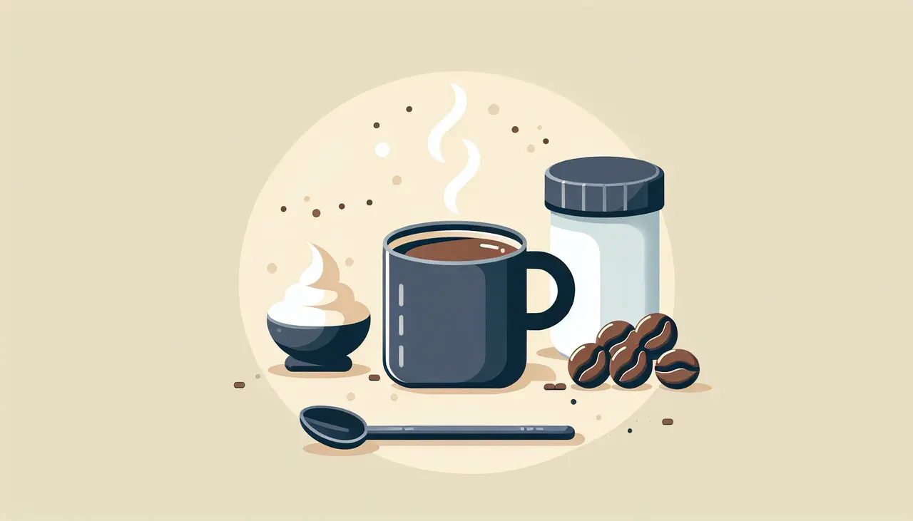 Draw a graphic in flat design style. A steaming mug of coffee with a scoop of protein powder beside it, surrounded by a few coffee beans, all on a minimalistic kitchen counter.