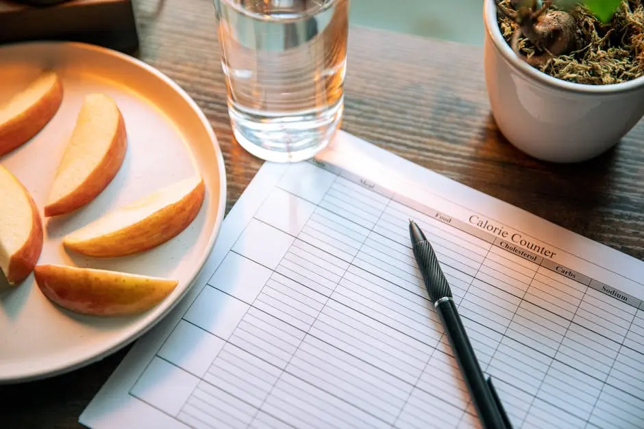 Flat lay featuring apple slices, a calorie counter chart, pen, and a glass of water for a healthy lifestyle.