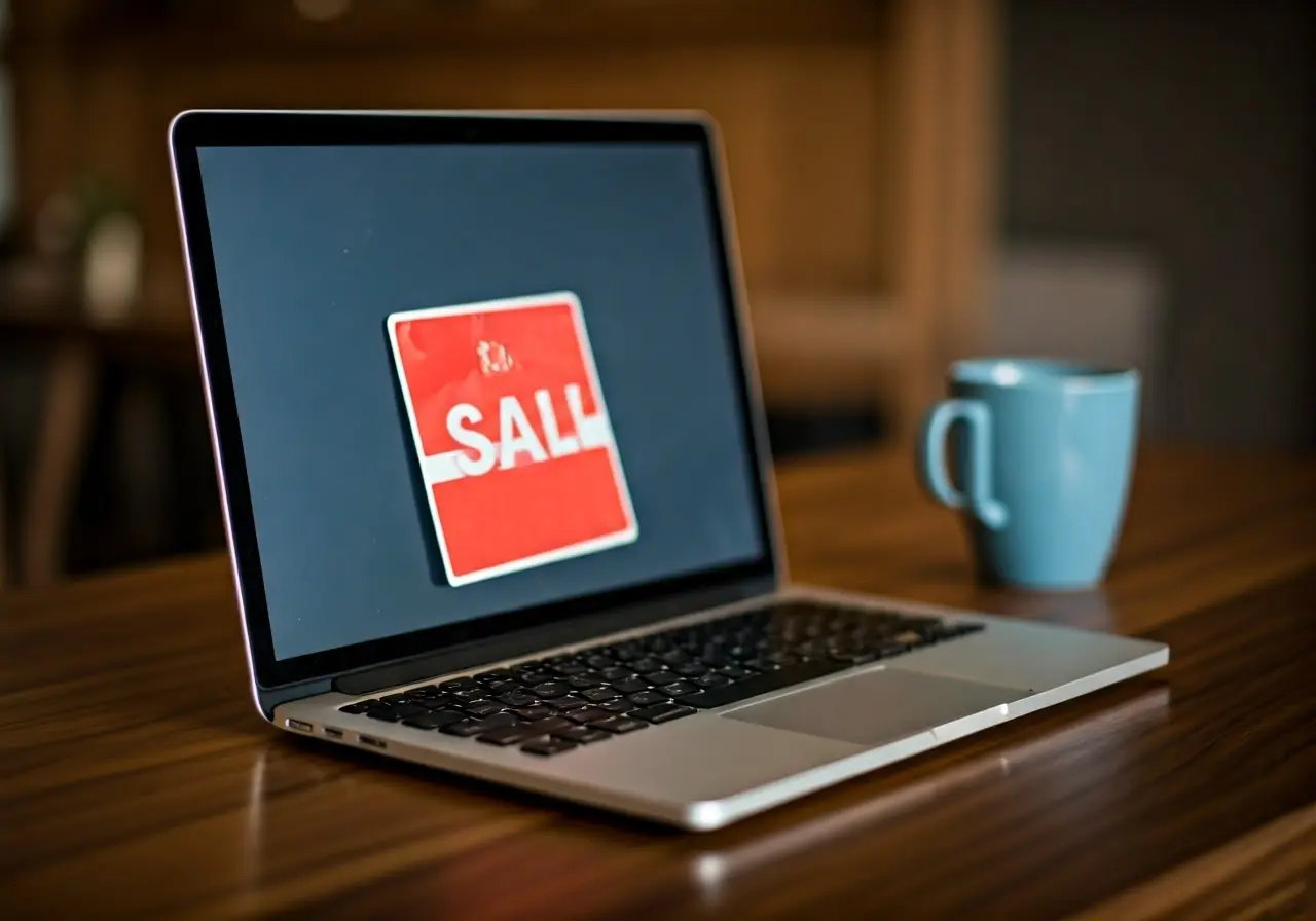 A laptop with a For Sale sign on the screen. 35mm stock photo