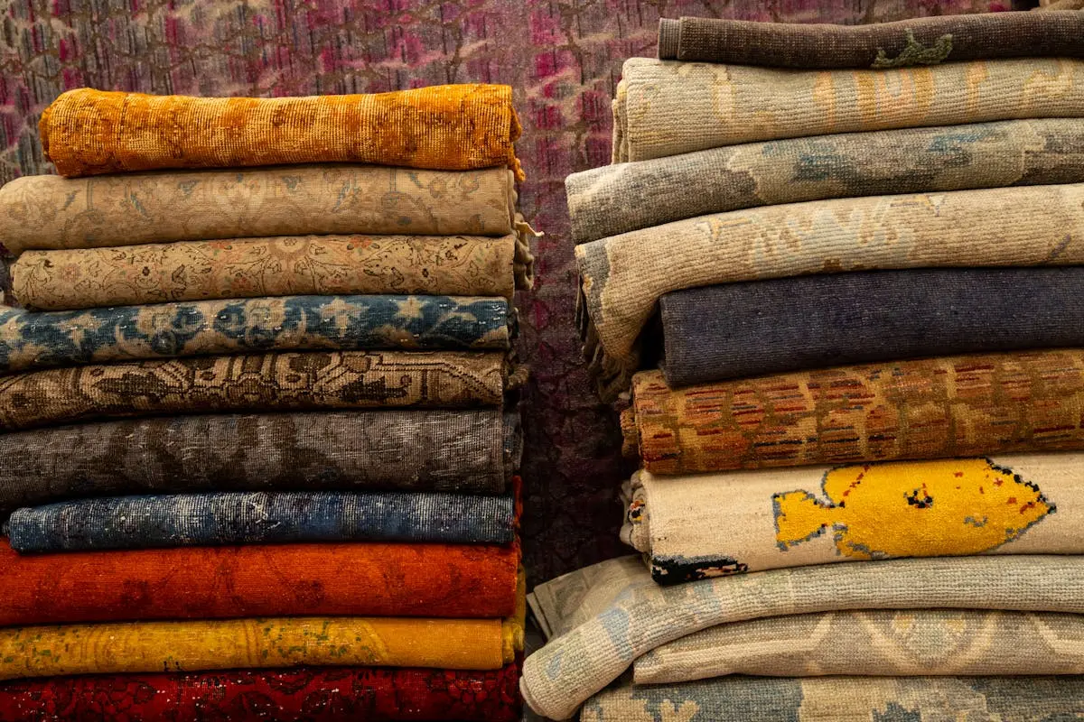 A stack of colorful rugs on a table