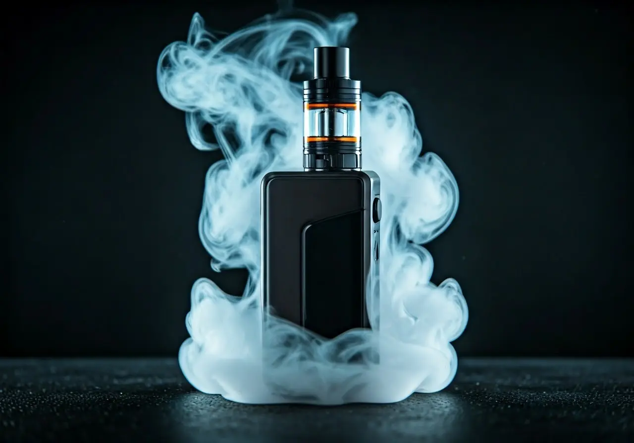 A sleek vape device surrounded by swirling vapor clouds. 35mm stock photo