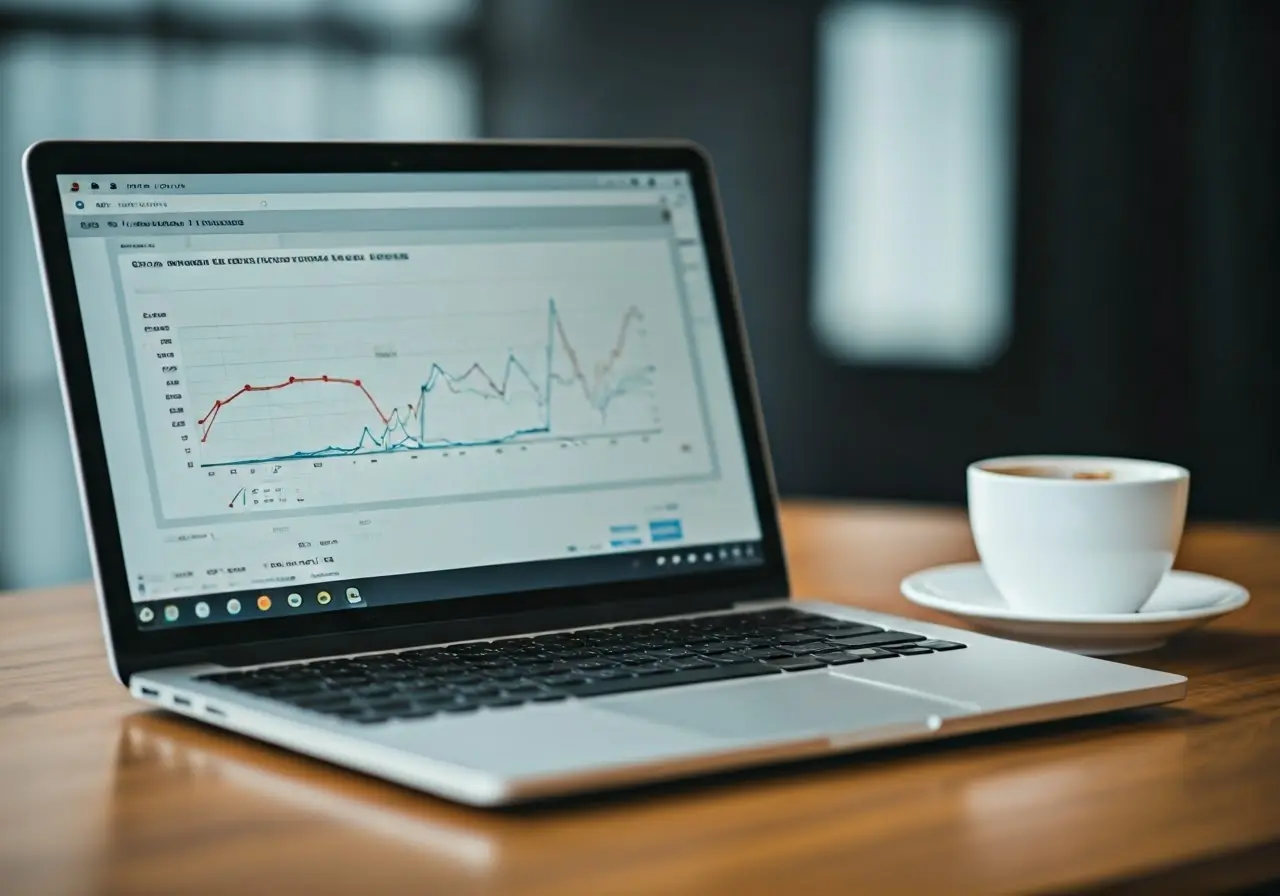 A laptop displaying marketing analytics beside a cup of coffee. 35mm stock photo