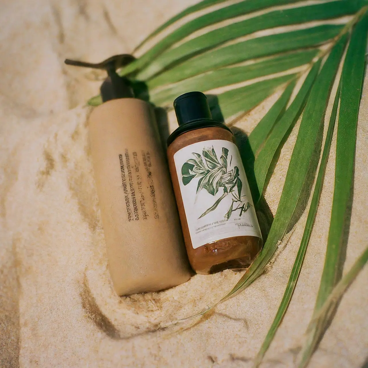 Organic makeup products on a tropical beach background. 35mm stock photo