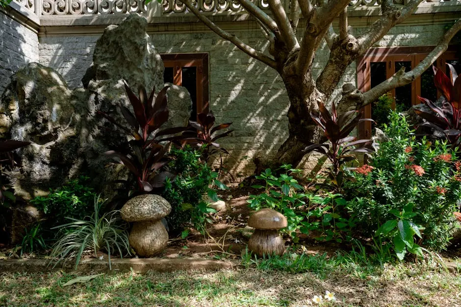 Stone Garden Decorations in Tree Shade